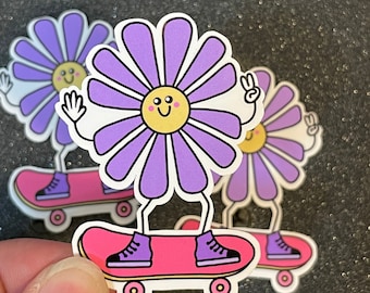 Skateboarding Flower Sticker: Retro Groovy Waterproof Vinyl
