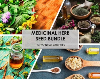 May include: A collage of images showcasing the ingredients and uses of a medicinal herb seed bundle. The bundle includes 5 essential varieties. The images show fresh herbs, dried herbs, and essential oils.