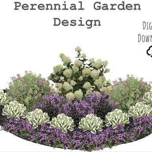 May include: A digital download of a perennial garden design featuring a variety of plants in shades of white, green, and purple. The design is arranged in a curved shape and includes a cloud icon with a downward arrow.