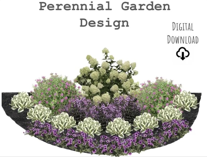 May include: A digital download of a perennial garden design featuring a variety of plants in shades of white, green, and purple. The design is arranged in a curved shape and includes a cloud icon with a downward arrow.