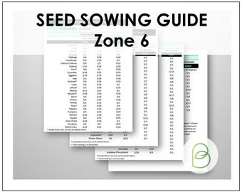 Op de afbeelding: Een printbare zaaikalender voor zone 6, met een lijst van groenten en bloemen en hun aanbevolen plantdata. De gids bevat informatie over wanneer je zaden binnenshuis moet starten en wanneer je ze buiten moet zaaien.