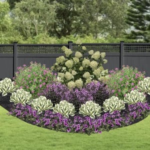 May include: A curved flower bed featuring a mix of plants, including white hydrangeas, purple flowers, and green foliage. The flower bed is bordered by a black fence.
