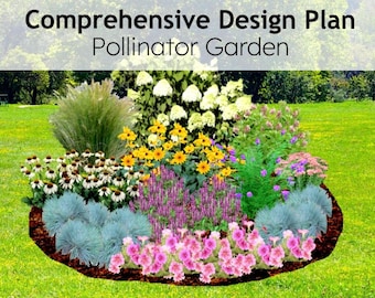 May include: A comprehensive design plan for a pollinator garden featuring a variety of flowering plants, including white hydrangeas, yellow coneflowers, purple coneflowers, pink petunias, and blue fescue grass.