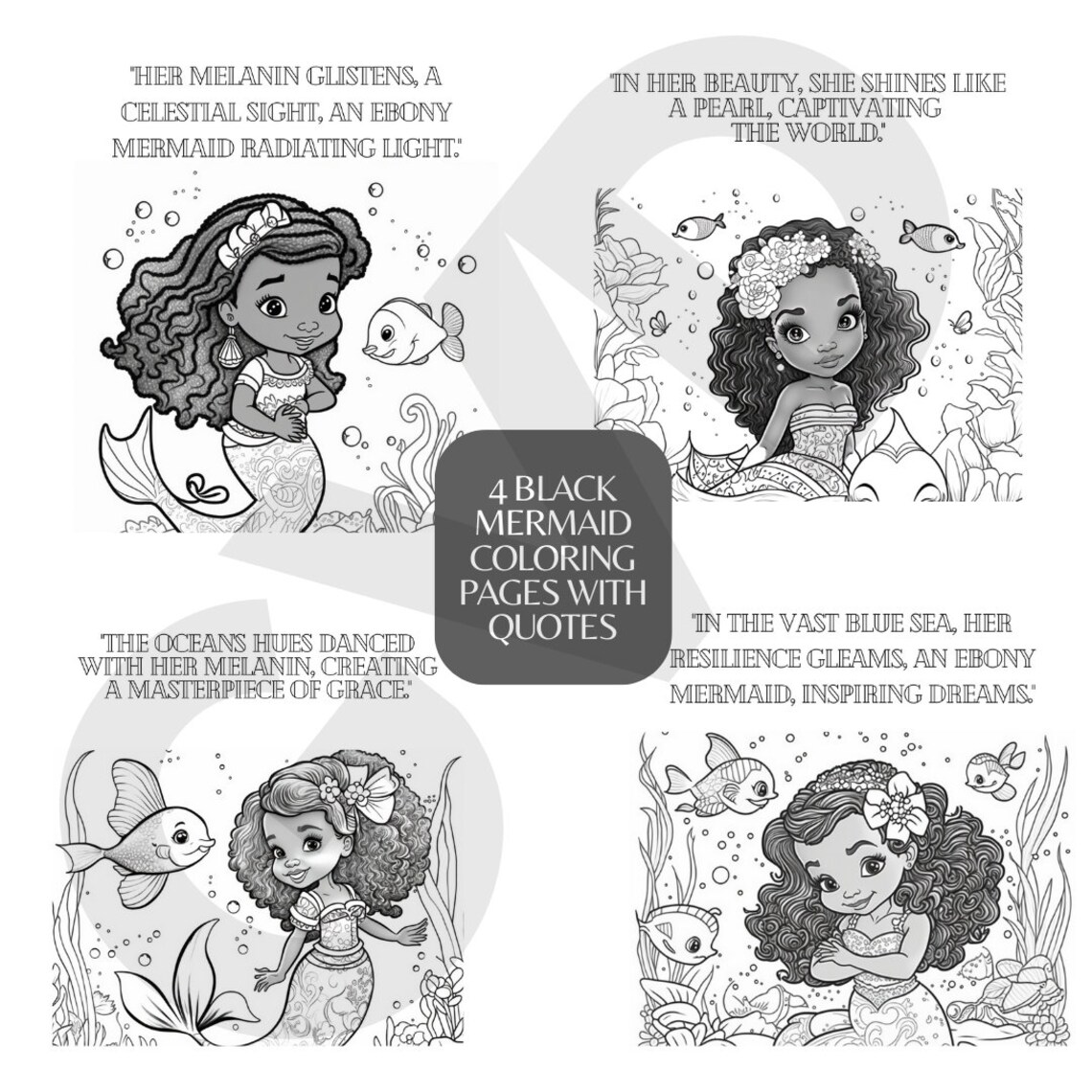 4 Black Mermaid Coloring Pages Printable PDF Cute Kids Coloring Pages ...