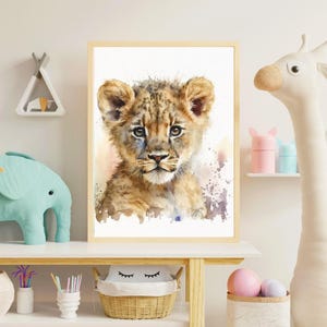 Nursery Wall Art Decor, Watercolor Lion Cub Painting Printable File, Baby Animal Print, Safari Animal Prints