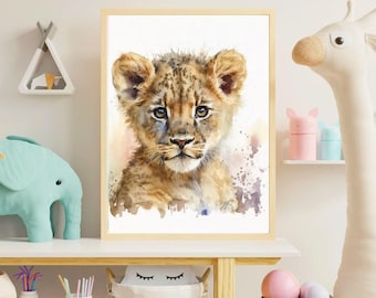 Decoración de pared para guardería, archivo imprimible de pintura de cachorro de león en acuarela, estampado de animal bebé, estampados de animales de safari