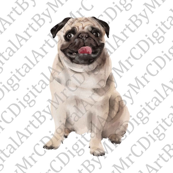 Tan Pug Watercolor Portrait Image, Beige Pug Sublimation Image, Cute Smiling Pug Digital Download, dog png, cute dog digital download