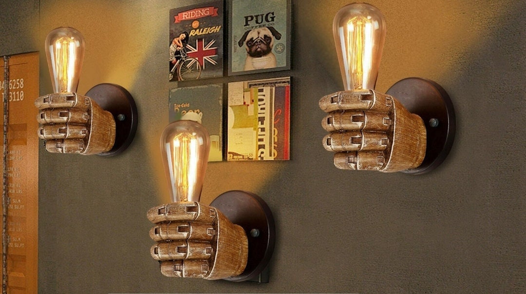 Avec Ampoule Edison_Gratuite - Applique Murale Poing Main Gauche Droite Retro Style Industriel Loft 