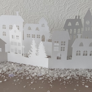 Paper Winter village Christmas Decoration, Scadanavian houses made of Cardstock, Nordic houses mantel decor, Modern Christmas Decoration