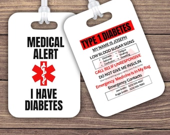 Medicinsk varningsetikett för typ 1-diabetes | Kontakter för första hjälpen i nödfall, slitstark plast, läsbar