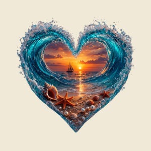 Peut inclure: Un graphique en forme de cœur représentant une vague océanique bleue déferlante encadrant un paysage marin au coucher du soleil avec un voilier à l'horizon. Le premier plan montre une plage de sable avec un grand coquillage, une étoile de mer orange et des perles blanches éparpillées.