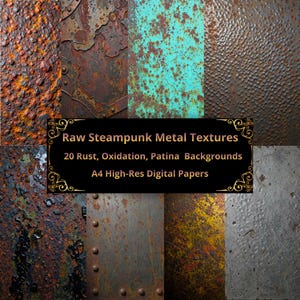 Peut inclure: Un ensemble de textures métalliques steampunk brutes présentant des fonds de rouille, d'oxydation et de patine. L'image affiche diverses surfaces métalliques dans des tons de marron, de turquoise et de gris. Le texte indique "Raw Steampunk Metal Textures, 20 Rust, Oxidation, Patina Backgrounds, A4 High-Res Digital Papers."
