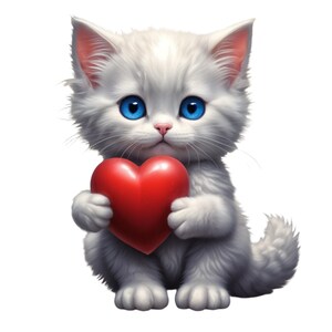 Peut inclure: Illustration d'un chaton blanc et duveteux aux yeux bleu vif tenant un cœur rouge. Le pelage du chaton est détaillé et le cœur est lisse et brillant. Idéal pour la Saint-Valentin ou les créations sur le thème des animaux.