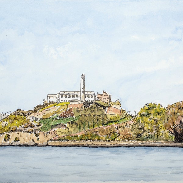 Alcatraz Island Watercolor Painting | Line & Wash | Giclee Print | San Francisco Landmark | Wall Art