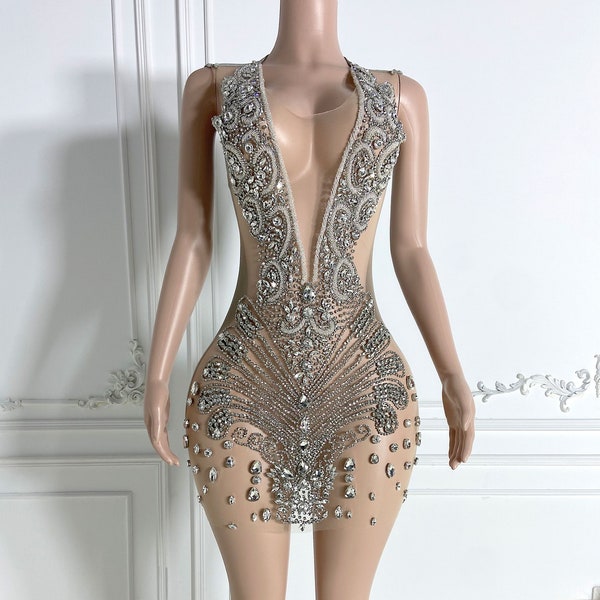 SILVER V NECK Birthday Rhinestone Appliqué Large Full Body Haute Couture Birthday dress Applique Bodice Full DRESS