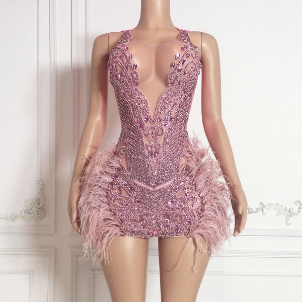 PINK Feather Luxe Birthday Dress, Rhinestone Appliqué Bodice Glitter Birthday dress Applique Bodice Full DRESS