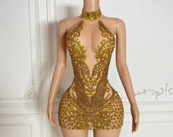 GOLD LUXE Halter Birthday Rhinestone Appliqué Large Full Body Haute Couture Birthday dress Applique Bodice Full DRESS