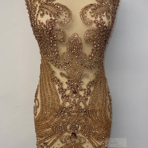Haute Couture Rose Gold Large Full Body Rhinestone Appliqué Mesh Beaded ...