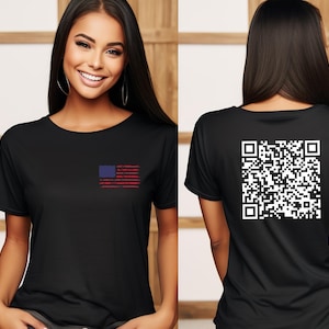 May include: Black t-shirt with a distressed American flag design on the front and a QR code on the back.