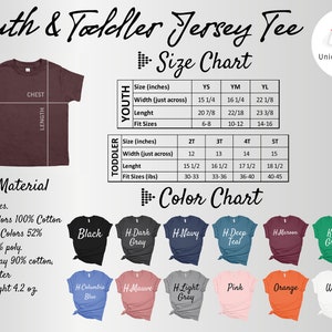 Peut inclure: Tableau des tailles pour les t-shirts en jersey pour enfants et tout-petits. Le tableau indique les mesures en pouces et en livres. Le nuancier pr&eacute;sente une vari&eacute;t&eacute; de couleurs, notamment le noir, le gris fonc&eacute;, le bleu marine, le bleu sarcelle, le bordeaux, le vert kelly, le bleu columbia, le mauve, le gris clair, le rose, l'orange et le blanc.