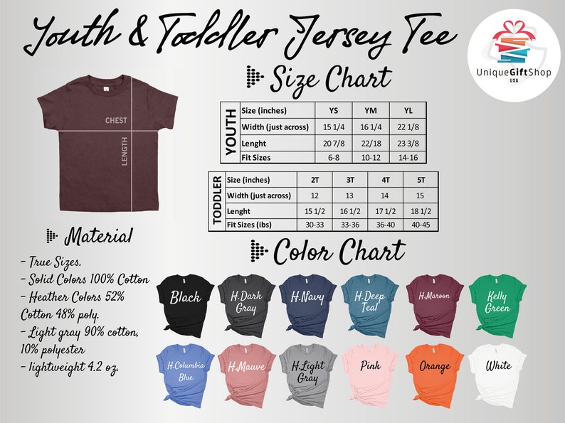 Peut inclure: Tableau des tailles pour les t-shirts en jersey pour enfants et tout-petits. Le tableau indique les mesures en pouces et en livres. Le nuancier pr&eacute;sente une vari&eacute;t&eacute; de couleurs, notamment le noir, le gris fonc&eacute;, le bleu marine, le bleu sarcelle, le bordeaux, le vert kelly, le bleu columbia, le mauve, le gris clair, le rose, l'orange et le blanc.