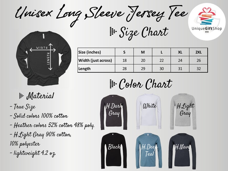 Peut inclure: Tableau des tailles pour un t-shirt en jersey &agrave; manches longues unisexe avec des mesures en pouces. Le tableau des couleurs montre diff&eacute;rentes couleurs, notamment gris fonc&eacute;, blanc, gris clair, noir, sarcelle et marine. Le mat&eacute;riau est 100% coton pour les couleurs unies et 52% coton et 48% polyester pour les couleurs chin&eacute;es. Le gris clair est 90% coton et 10% polyester. L&eacute;ger 4,2 oz.