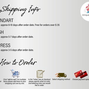 Peut inclure: Un graphique pr&eacute;sentant les diff&eacute;rentes options d'exp&eacute;dition disponibles pour les commandes. Les options comprennent l'exp&eacute;dition standard, express et urgente. Le graphique comprend &eacute;galement un guide &eacute;tape par &eacute;tape sur la fa&ccedil;on de commander, y compris la s&eacute;lection du design, de la taille et de la couleur de l'article, l'ajout au panier, l'ajout de notes, la s&eacute;lection du mode d'exp&eacute;dition, le choix du mode de paiement et la finalisation de la commande.