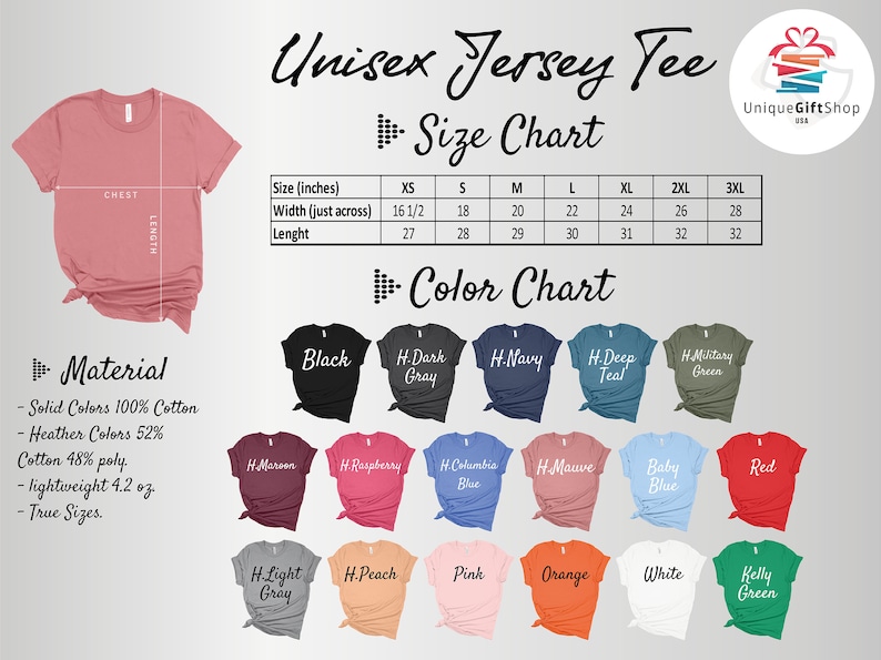 Peut inclure: Tableau des tailles pour un t-shirt en jersey unisexe avec des mesures en pouces. Le tableau des couleurs montre 18 couleurs diff&eacute;rentes de t-shirts, dont le noir, le bleu marine, le bleu sarcelle, le bordeaux, le framboise, le gris clair, la p&ecirc;che, le rose, l'orange, le blanc et le vert kelly.