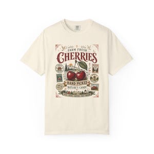 Farm Fresh Cherries Shirt, Comfort Colors® Vintage Fruit Label Tee, Cherry Outdoor Hiking Graphic T-Shirt image 9