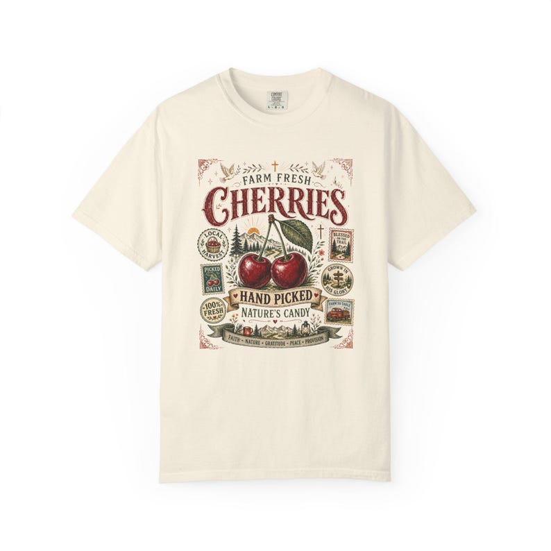 Farm Fresh Cherries Shirt, Comfort Colors® Vintage Fruit Label Tee, Cherry Outdoor Hiking Graphic T-Shirt image 9