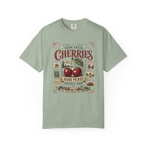 Farm Fresh Cherries Shirt, Comfort Colors® Vintage Fruit Label Tee, Cherry Outdoor Hiking Graphic T-Shirt image 11