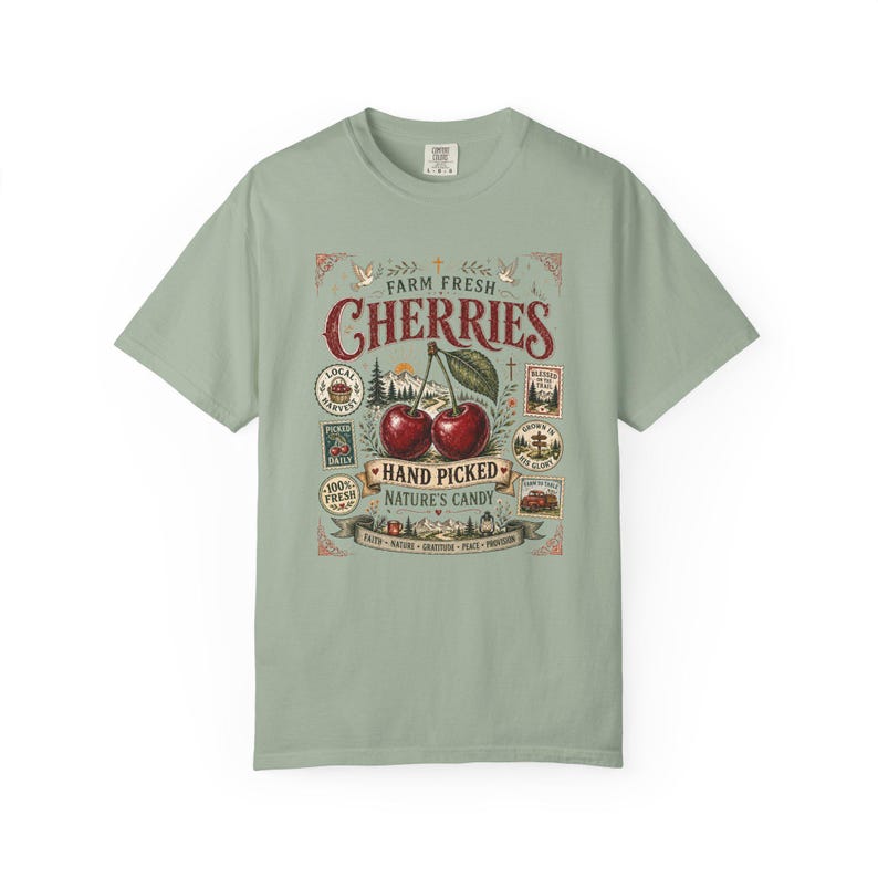 Farm Fresh Cherries Shirt, Comfort Colors® Vintage Fruit Label Tee, Cherry Outdoor Hiking Graphic T-Shirt image 11