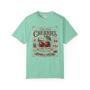 Farm Fresh Cherries Shirt, Comfort Colors® Vintage Fruit Label Tee, Cherry Outdoor Hiking Graphic T-Shirt image 12