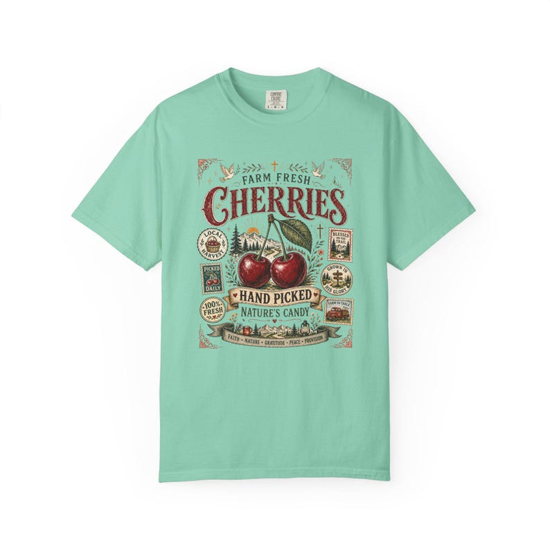 Farm Fresh Cherries Shirt, Comfort Colors® Vintage Fruit Label Tee, Cherry Outdoor Hiking Graphic T-Shirt image 12