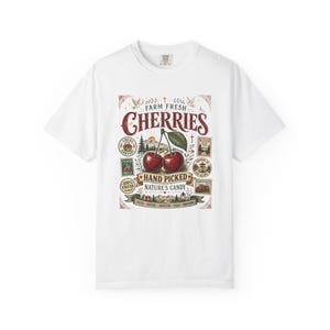 Farm Fresh Cherries Shirt, Comfort Colors® Vintage Fruit Label Tee, Cherry Outdoor Hiking Graphic T-Shirt image 8