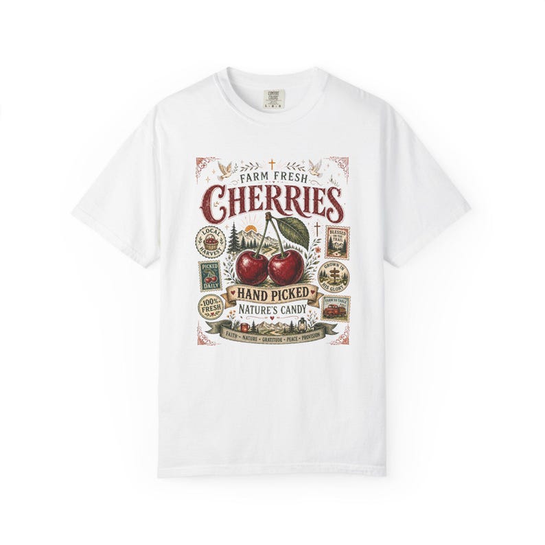 Farm Fresh Cherries Shirt, Comfort Colors® Vintage Fruit Label Tee, Cherry Outdoor Hiking Graphic T-Shirt image 8