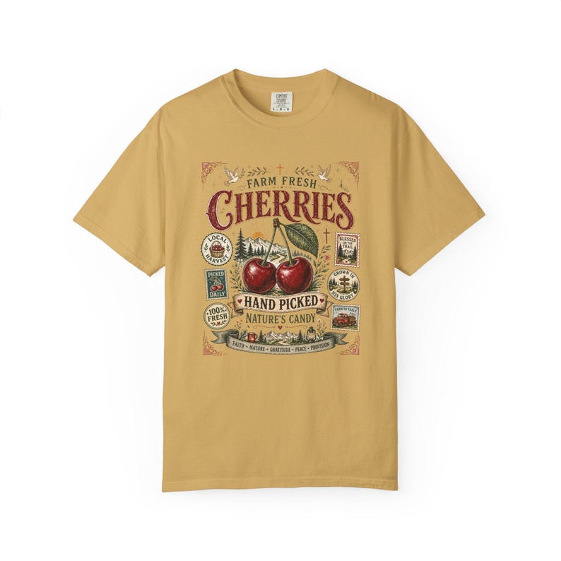Farm Fresh Cherries Shirt, Comfort Colors® Vintage Fruit Label Tee, Cherry Outdoor Hiking Graphic T-Shirt image 10