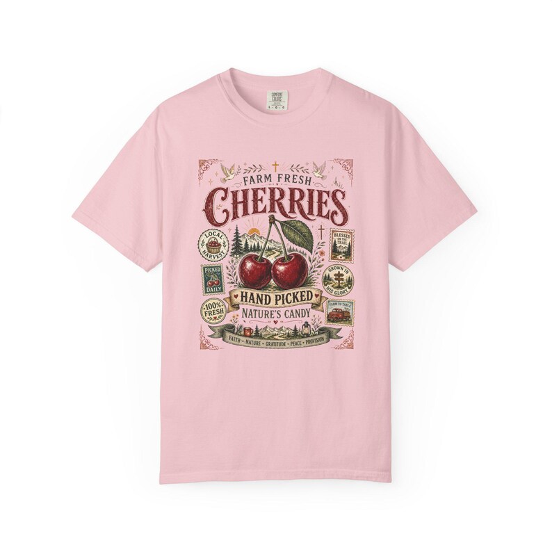 Farm Fresh Cherries Shirt, Comfort Colors® Vintage Fruit Label Tee, Cherry Outdoor Hiking Graphic T-Shirt image 14