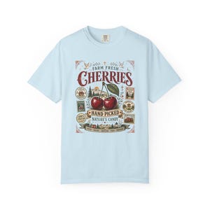 Farm Fresh Cherries Shirt, Comfort Colors® Vintage Fruit Label Tee, Cherry Outdoor Hiking Graphic T-Shirt image 13