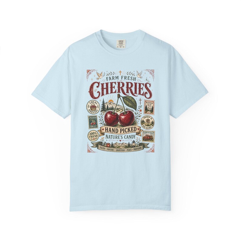 Farm Fresh Cherries Shirt, Comfort Colors® Vintage Fruit Label Tee, Cherry Outdoor Hiking Graphic T-Shirt image 13