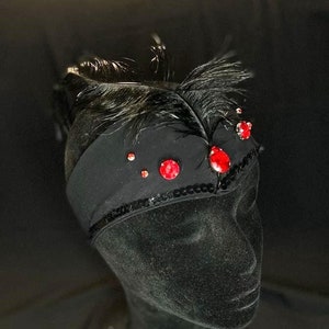 May include: Black headband with a black feather and red rhinestones. The headband is on a black mannequin head.