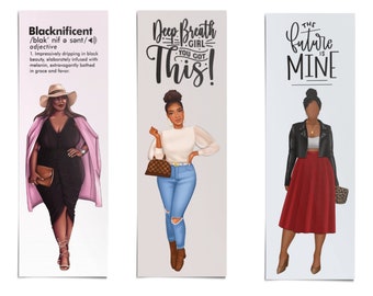 May include: Three bookmarks featuring illustrations of Black women in different outfits and inspirational text. The first bookmark features a woman in a pink jacket and black dress with the text "Blacknificent /blak' nif ə sənt/ adjective 1. Impressively dripping in black beauty, elaborately infused with melanin, extravagantly bathed in grace and favour." The second bookmark features a woman in a white top and blue jeans with the text "Deep Breath GIRL YOU GOT This!" The third bookmark features a woman in a black leather jacket and red skirt with the text "THE future is MINE".