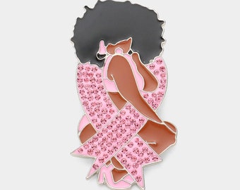 Pink Ribbon Afro Girl Pin Brooch, Black Women Gifts, Gifts for Her, Fight Cancer, Black Girl Magic, Stacked Trinkets, Awareness Jewelry