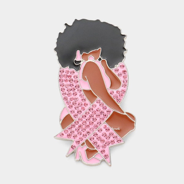 Pink Ribbon Afro Girl Pin Brooch, Black Women Gifts, Gifts for Her, Fight Cancer, Black Girl Magic, Stacked Trinkets, Awareness Jewelry