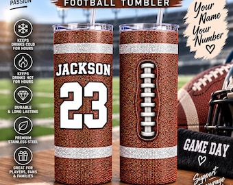 Personalized Football Tumbler, Custom Name and Jersey Number, High School Football Player Gift, Football Mom Dad Gift, Game Day Gear