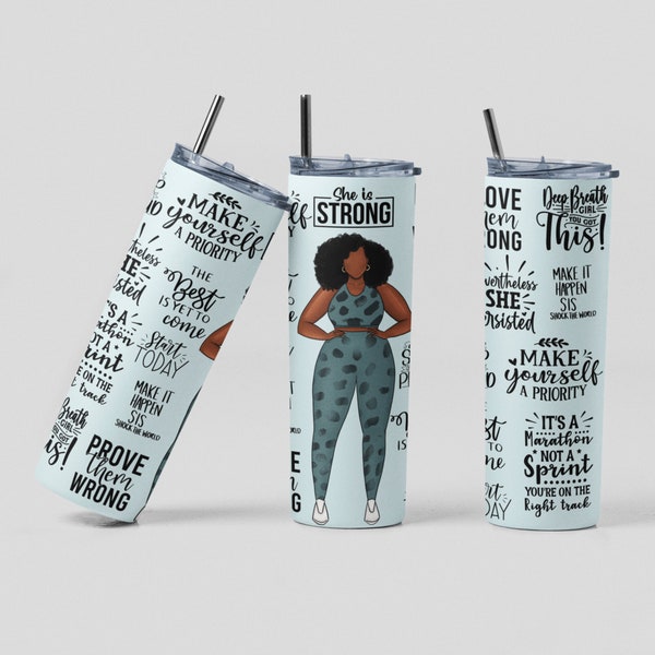 Black Woman Fitness Tumbler 20oz Skinny Tumbler Personalized Gifts for Gym Workout Gear for Women Water Bottles Tracker