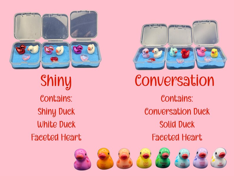 May include: The image showcases two sets of miniature duck-themed sets, each in a clear plastic container with blue sand. The text "Shiny" and "Conversation" are displayed. Below, a row of colorful duck figurines are arranged.