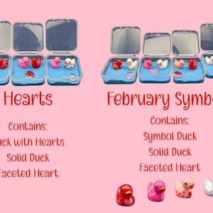 May include: Pink background with two sets of small, clear plastic containers. Each container holds miniature ducks and heart-shaped objects. Text reads "Hearts" and "February Symbols" with lists of contents.
