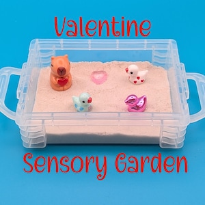 May include: A Valentine Sensory Garden in a clear plastic container. The garden contains sand and several small figurines, including a bear holding a heart, ducks, and a heart-shaped object. The words "Valentine Sensory Garden" are written in red.