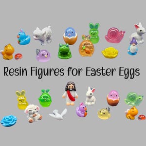 May include: A collection of colorful resin figures for Easter eggs, including bunnies, chicks, lambs, snails, and gnomes. The text "Resin Figures for Easter Eggs" is displayed in black script on a gray background.